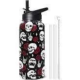 32oz Skull Rose Insulated Aater Water Bottle with Straw Gym Hiking Sports Coffee Mug Cup Water Bottles,Halloween Gifts for Women,Goth Decor Stuff Accessories