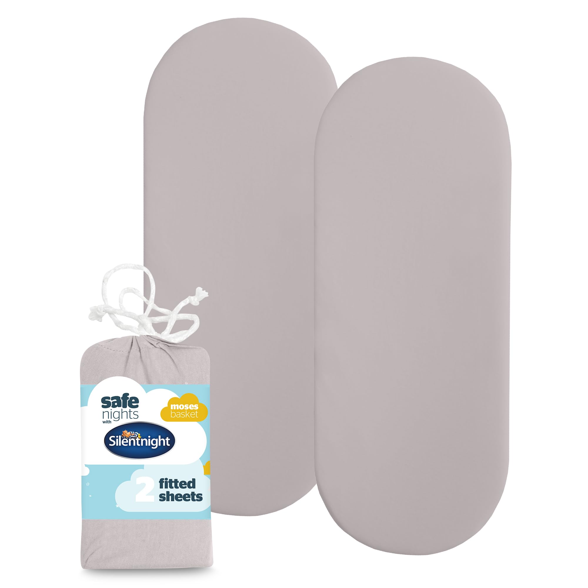 Silentnight Safe Nights Fitted Sheet - Moses Basket Mattress - Breathable 100% Cotton Jersey - Super Soft Kind to Baby Skin - 74x27cm - Secure Fit with Elasticated Corners - 2 Pack, Grey