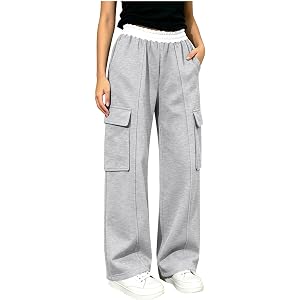 Girls Wide Leg Cargo Sweatpants Contrast Ruffle Waist Teens Active Pants | Soft Fabric with utility flap pockets, all-day com