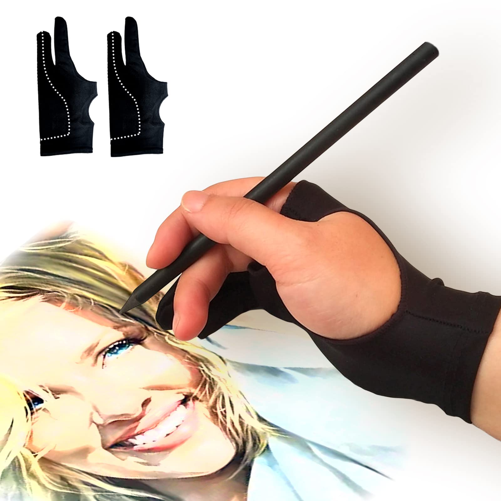 Picoggo Artist Gloves, 3-Layer Palm Rejection Drawing Gloves with Two Fingers for iPad, Paper Sketching, Smudge Guard (2 PCS, Large)
