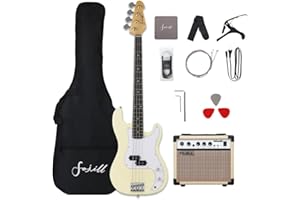 Fojill Full Size 4 Four String Electric Bass Guitar 20W Amplifier Amp Right Hand Beginner Starter Kit Set Combo Bundle Accessory Gig Bag,Strap,Picks,Capo,Noiselss Cable,Strings (Cream)