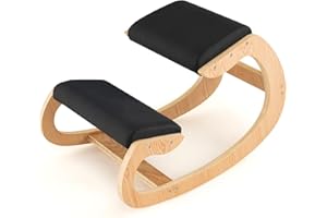 FIREFLOWERY Ergonomic Kneeling Chair, Wooden Posture Chair W/Extra Padding for Back Neck Pain Relief & Improving Posture, Rocking Meditation Stool W/Knee Support for Home Office (Black)