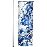 Chinoiserie Blue and White Floral Skinny Tumblers Splash-Proof Lid 20 oz with Metal Straw Travel Coffee Mug,Floral Tumbler Water Bottle Wine Cups,Unique Gifts for Her,Bridesmaids,Friends,Sisters,Mom
