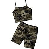 WDIRARA Girl's Two Piece Outfits Camo Print Sleeveless Cami Top and Skinny Shorts Set