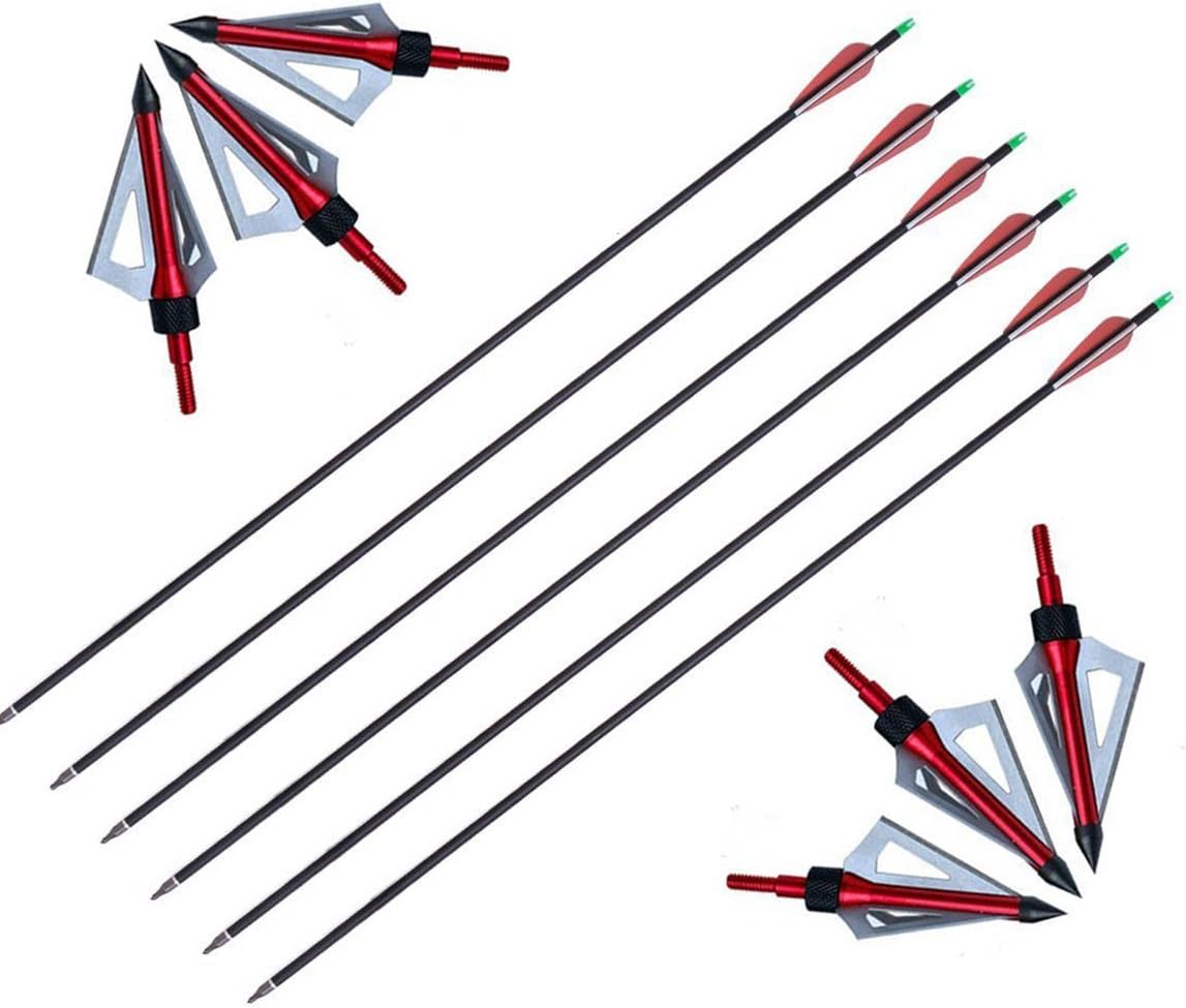CNSE Adult Carbon Arrows 30-Inch Hunting/Target Practice Archery Arrows with 3 Blade 100 Grain Broadheads Pack of 6