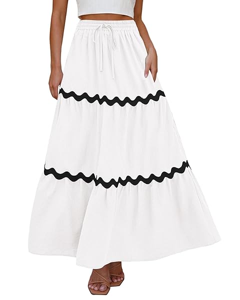 KIRUNDO WHITE SKIRT WOMENS 2024 SUMMER DRAWSTRING HIGH WAISTED FLOWY BOHO MAXI SKIRT CUTE A LINE BEACH SKIRT CRUISE VACATION OUTFITS FOR WOMEN(LARGE, WHITE)