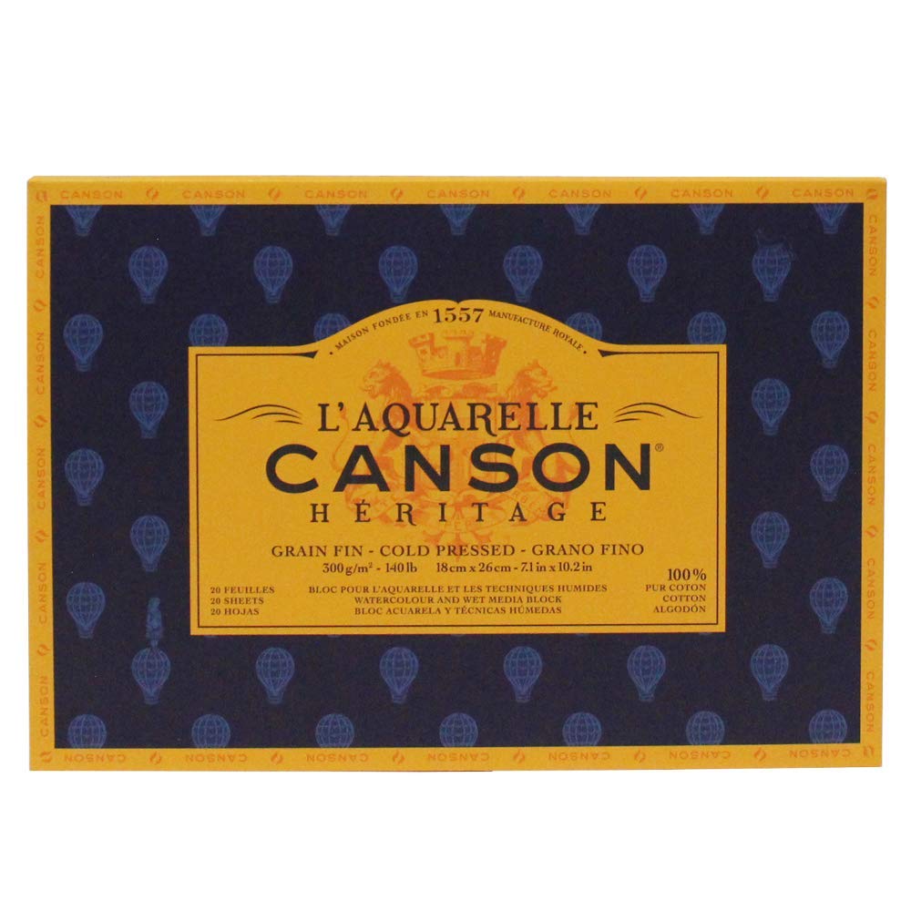Canson Heritage Watercolour Pad, Glued on 4 Sides, 20 Sheets, fine Grain Fine Grain 18 x 26 cm