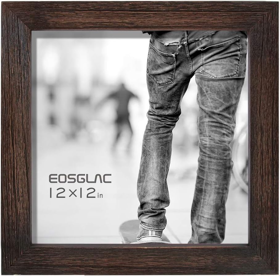 Eosglac Rustic Picture Frame 12x12, Weathered Dark Brown Reclaimed Look Square Wooden Photo Frame with Plexiglass Front, Wall Mounting Display