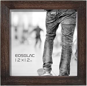 Eosglac Rustic Picture Frame 12x12, Weathered Dark Brown Reclaimed Look Square Wooden Photo Frame with Plexiglass Front, Wall Mounting Display