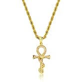 JINAO Ankh Cross Necklace for Men 14K Gold Plated - Snake Coiled Egyptian Symbol Cross Pendant with 5A Cubic Zirconia, 24" Rope Chain Men’s Jewelry