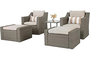 SOLAURA 5 Piece Patio Conversation Set Outdoor Furniture Set, Grey Wicker Lounge Chair with Ottoman Footrest, W/Coffee Table & Cushions (Beige) for Garden, Patio, Balcony, Deck
