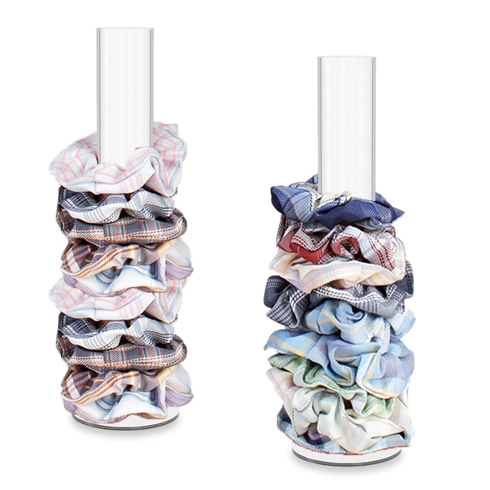 2 Piece Acrylic Scrunchie Holder, Clear Hair Tie Organiser Stand, Bracelet Stand, Cute Room Decor for Jewelry Bracelet Headband Accessories Display Tower Teen Girl Gifts (2)