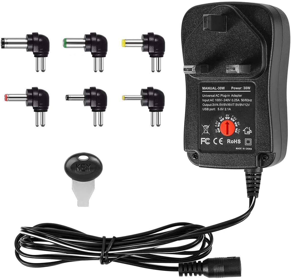 30W Wall Plug-in Switchable Multi Voltage Adapter Power Transformer 3V-12V Adjustable Voltage Control 6PCS DC Replaceable Tips for Camera,Router,Shaver,Telescope,Bosch PTK 3.6 LI, Box Android