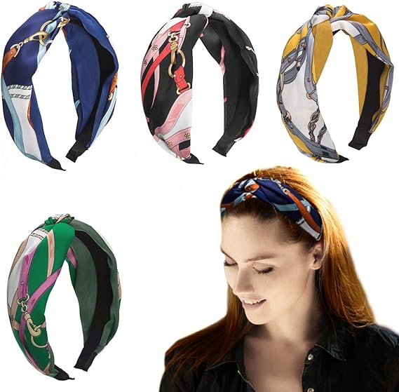 Hard Plastic Headband, 4PCS Vintage Boho Printed Knot Wide Headbands