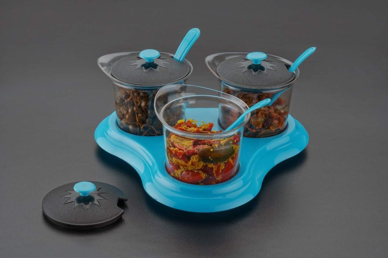 HARD7GRIP Multipurpose Plastic Dining Stand with 3 Pcs Container Unbreakable Transparent Body Condiment Set with Lid Spoon and Tray Holder (Blue and Black)