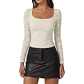 QINSEN Chic Floral Lace Crop Tops for Women Slimming Fit Long Sleeve Square Neck Going Out Basic Shirts