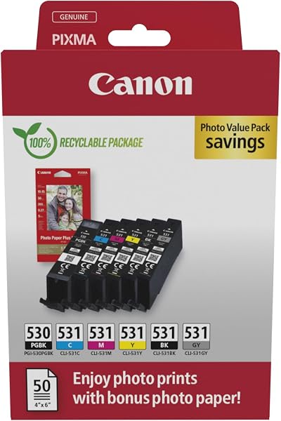 Canon PGI-530 CLI-531 Genuine Ink Cartridges 6 Pack + Paper TS8750 TS8751