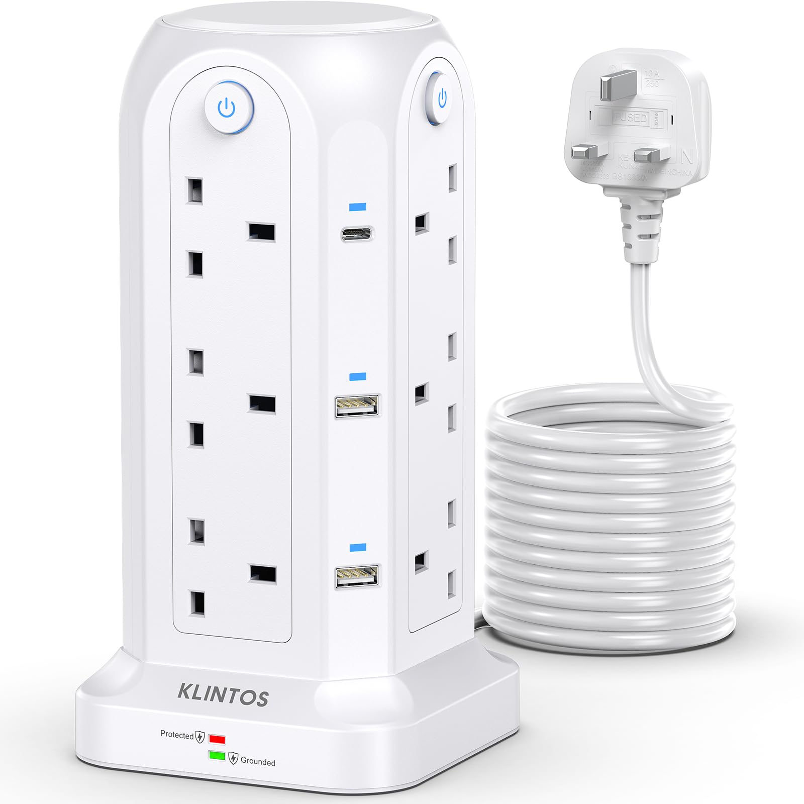 Tower Extension Lead 5M, 12 Way Surge Protection, 4 Individual Switches, 6 USB Slots [2 Type C & 4 USB A], White Tower for Home, Office