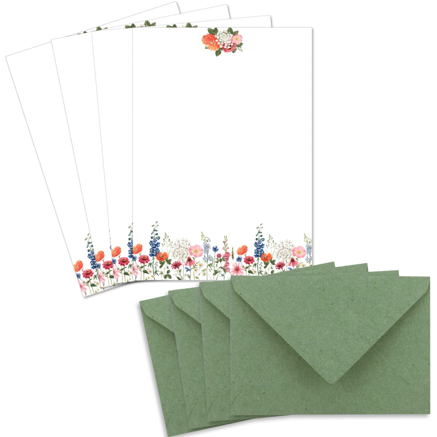 50 Letter Paper Sets DIN A5 – Natural Paper in Cream with Flower Meadow – with Envelopes DIN C6 in Green Letter Sheet Printable Ideal for Wedding Invitations