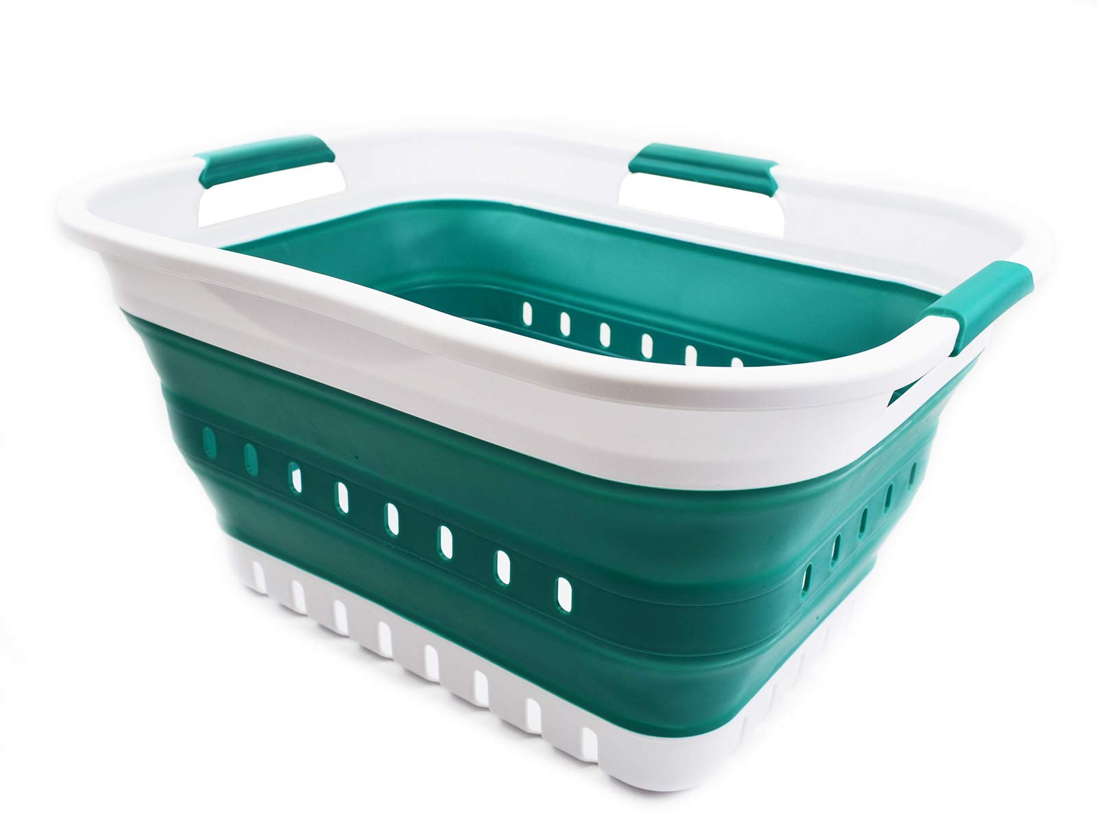 SAMMART 30L Collapsible 3 Handled Plastic Laundry Basket - Foldable Pop Up Storage Container/Organizer - Portable Washing Tub - Space Saving Hamper/Basket (White/Dark Green)30L