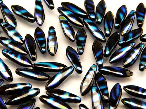 25 Pieces Czech Glass Dagger Beads 5x16mm Jet Zebra AB