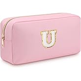 Sazuwu Personalized Initial Letter Patch Makeup Bag Small Travel Pink Cute Cosmetic Pouch Makeup Organizer Toiletry Zipper Pouch Monogram Waterproof Oxford Storage Bag Gift for Women(Letter U)