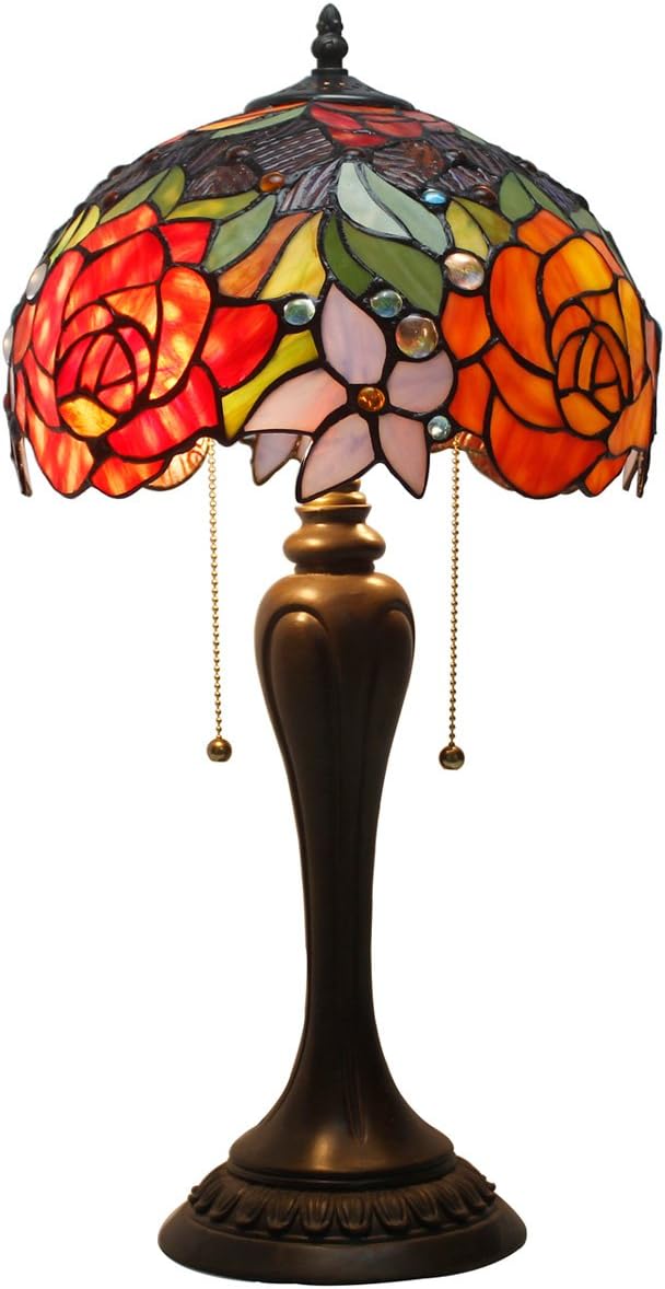 4MYHOME Tiffany Lamp Stained Glass Table Lamp Red Rose Flower Bedside Desk Reading Light 12X12X22 Inches Decor Bedroom Living Room Home Office S001 Series - Image 3