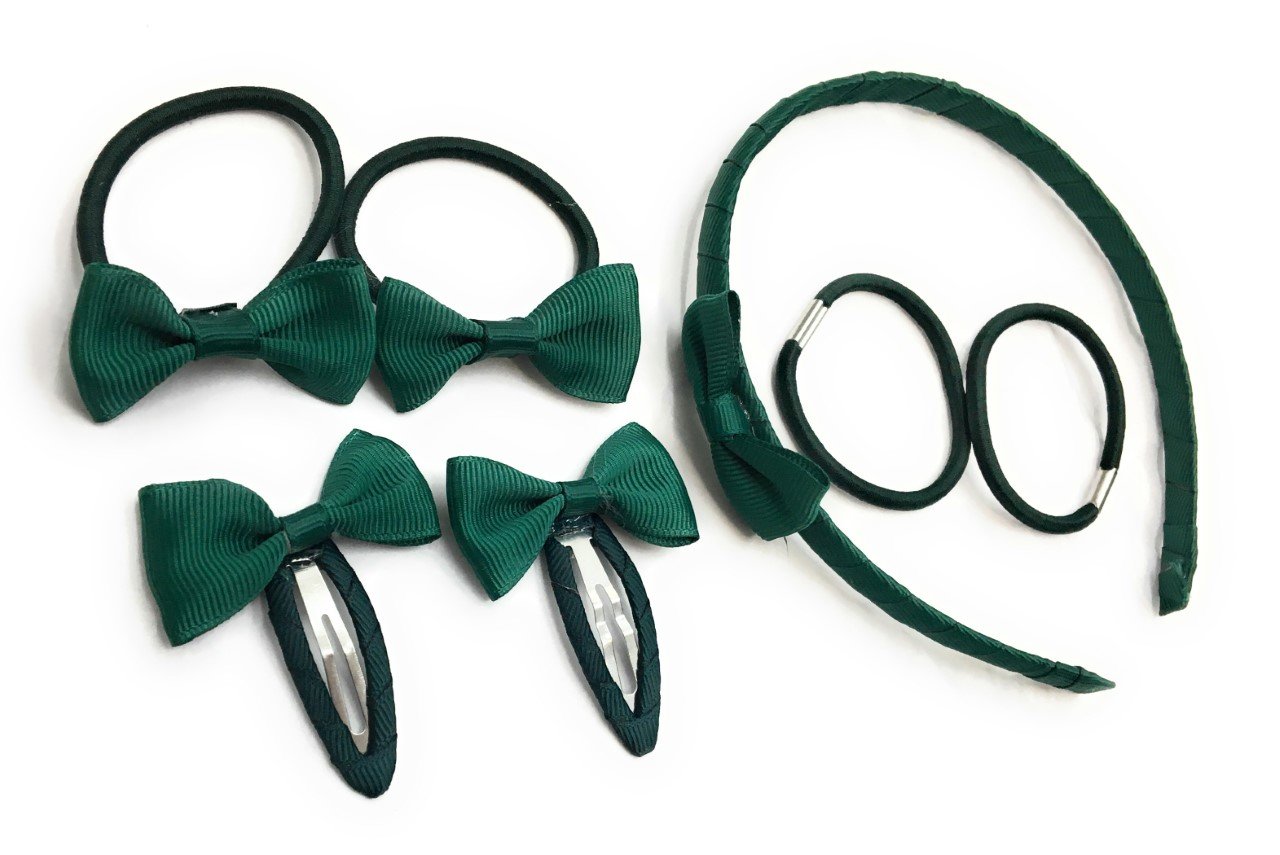 7 PIECE SCHOOL COLOURS Hair Bow Snap Clips SET ALICE BAND PONIOS PonyTail Holder Headband - Green