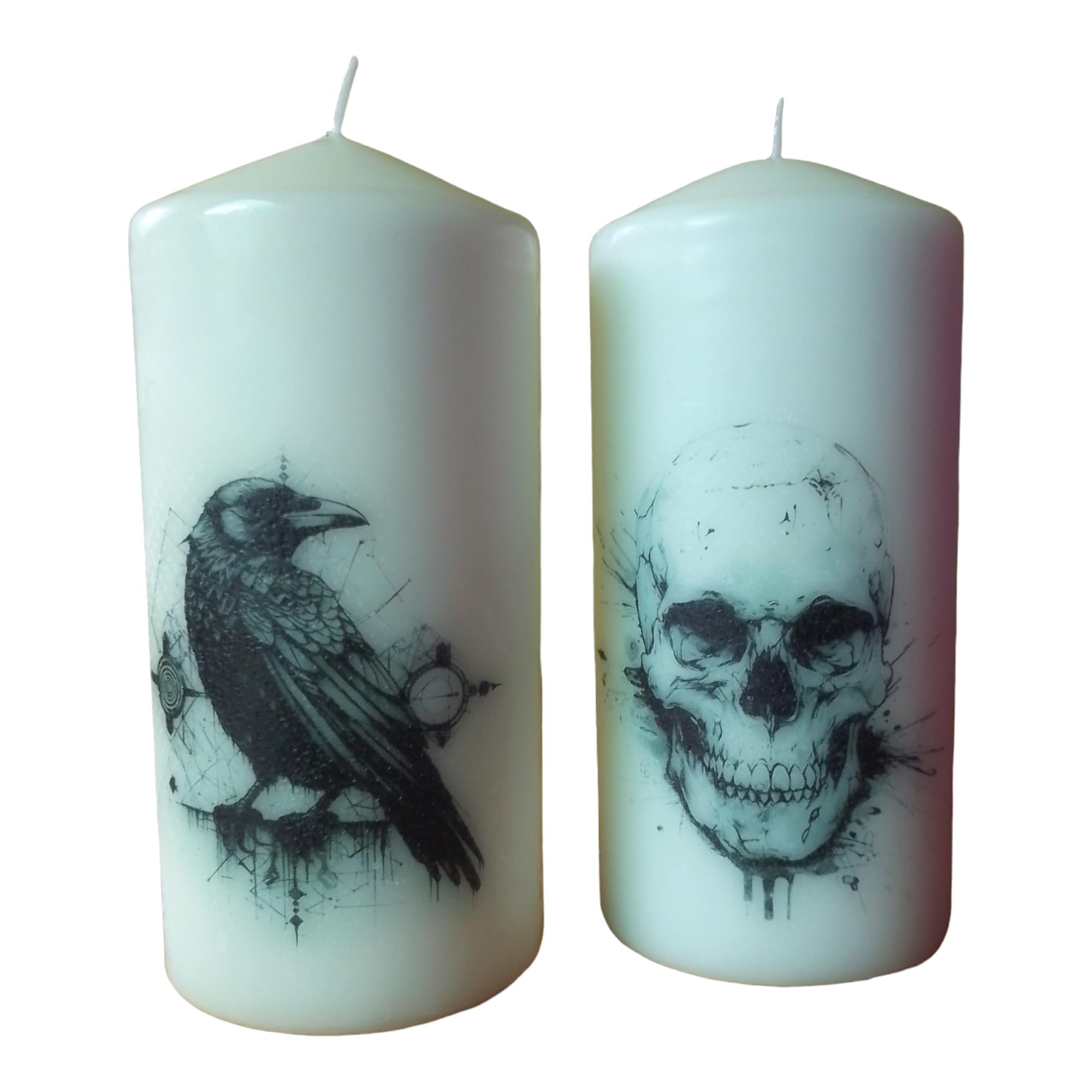 Pillar unscented Wax Candle Set of Two Raven and Skull Gothic Mystery Rituals Altar Display Decoration Hand Decorated Home Decor