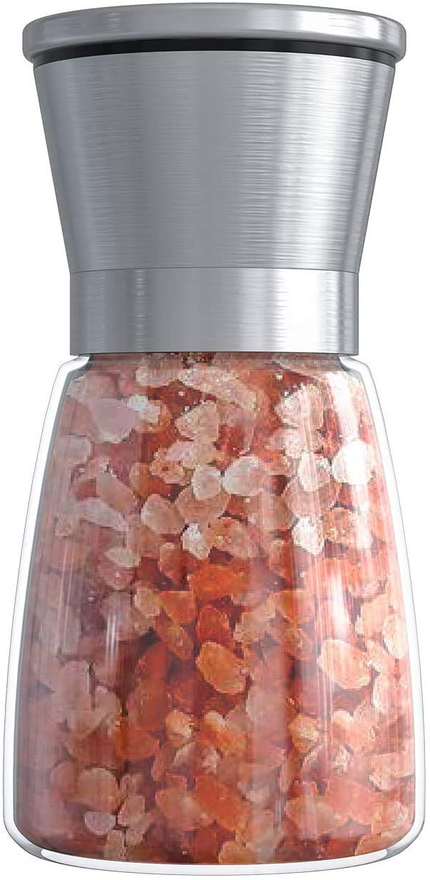 Stainless Steel Salt Pepper Mill with Glass Body Adjustable Ceramic Manual Grinder Herb Spice Crusher Suitable for Coarse Sea Salt, Peppercorn