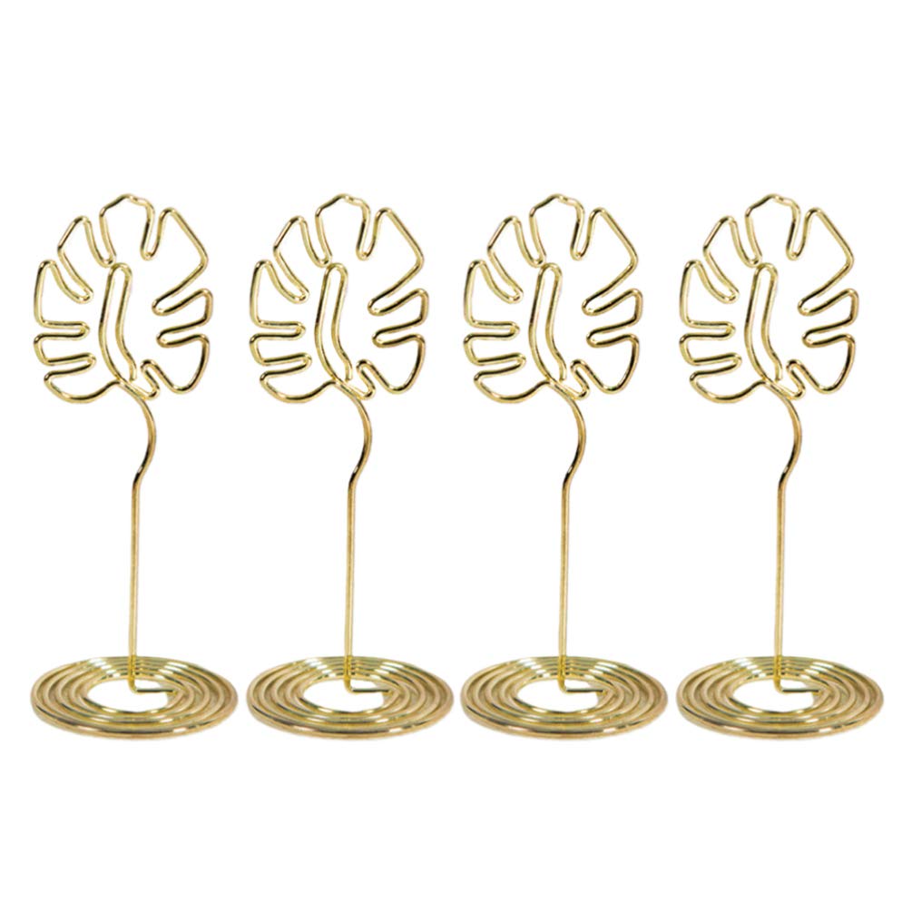 NUOBESTY 4Pcs Tropical Palm Leaves Place Card Holders Wire Table Card Holders Table Photo Holder Stand Memo Menu Clips for Wedding Party (Golden)