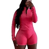 Vssjavun Women 2 Piece Outfits Sweatsuit Sets Long Sleeve Full Zip Workout Jacket Bodycon Shorts Set Tracksuit Loungewear