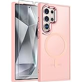 WRJ Case for Samsung Galaxy S25 Ultra, Translucent Magnetic Phone Case for Women Men [Compatible with Magsafe] Slim Anti-Fingerprints Shockproof Protective Cover with Screen Protector-Pink