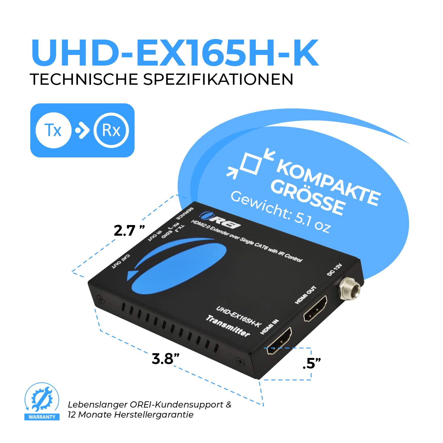OREI HDMI Extender UltraHD Over Single Cat6/Cat7 Cable 4K @ 60Hz with HDR & IR Control - Up to 165 ft EDID Management