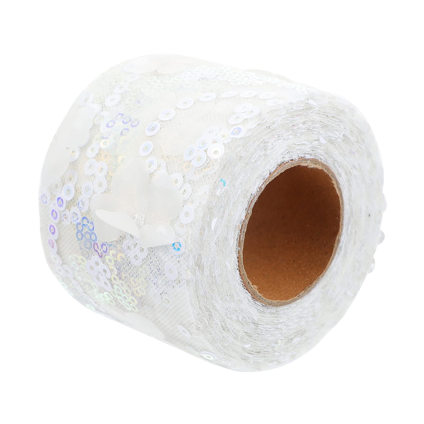 Ciieeo 1 Roll Decorative Tulle Webbing Bow Making Ribbon Wreath Making Supplies Lace Trim Fabric Sequin Flower Pattern Voile Ribbon Mesh Bride Polyester Packaging Tape Twine White