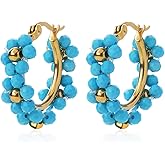 TaYolnFaSo Natural Gemstone Flower Beaded Hoop Earrings 18K Gold-Plated Handmade Garnet Amethyst Floral Hoop Earring Turquoise Jewelry Valentine's Day Birthday Gift for Women
