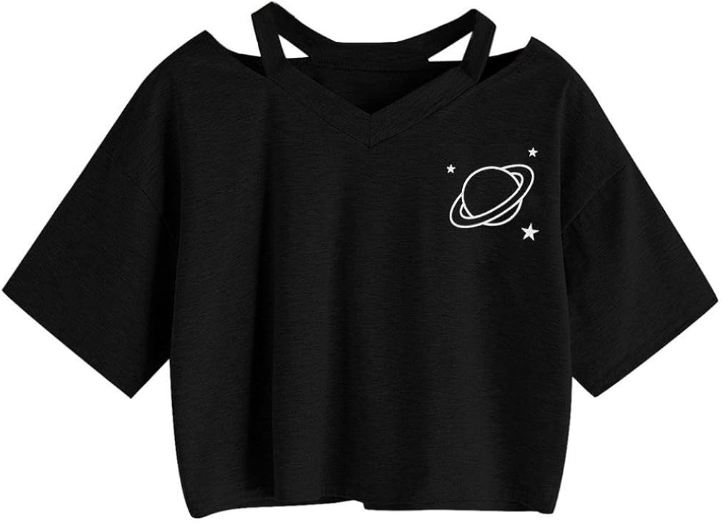 TOPUNDER Summer Women Casual Shirt Planet Printed Tank Short Sleeve Blouse Crop Tops