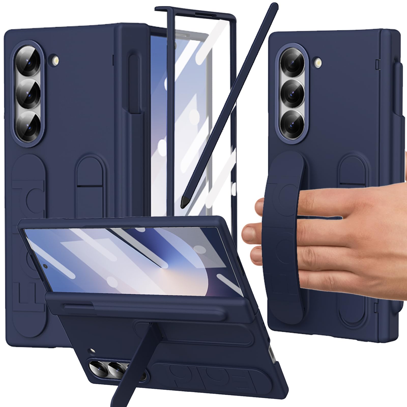 YQODSZ Samsung Galaxy Z Fold 6 Case with Finger Strap, S Pen Holder & Stylus, Kickstand, Hand Strap, Hinge Protection, Screen Protector, Blue