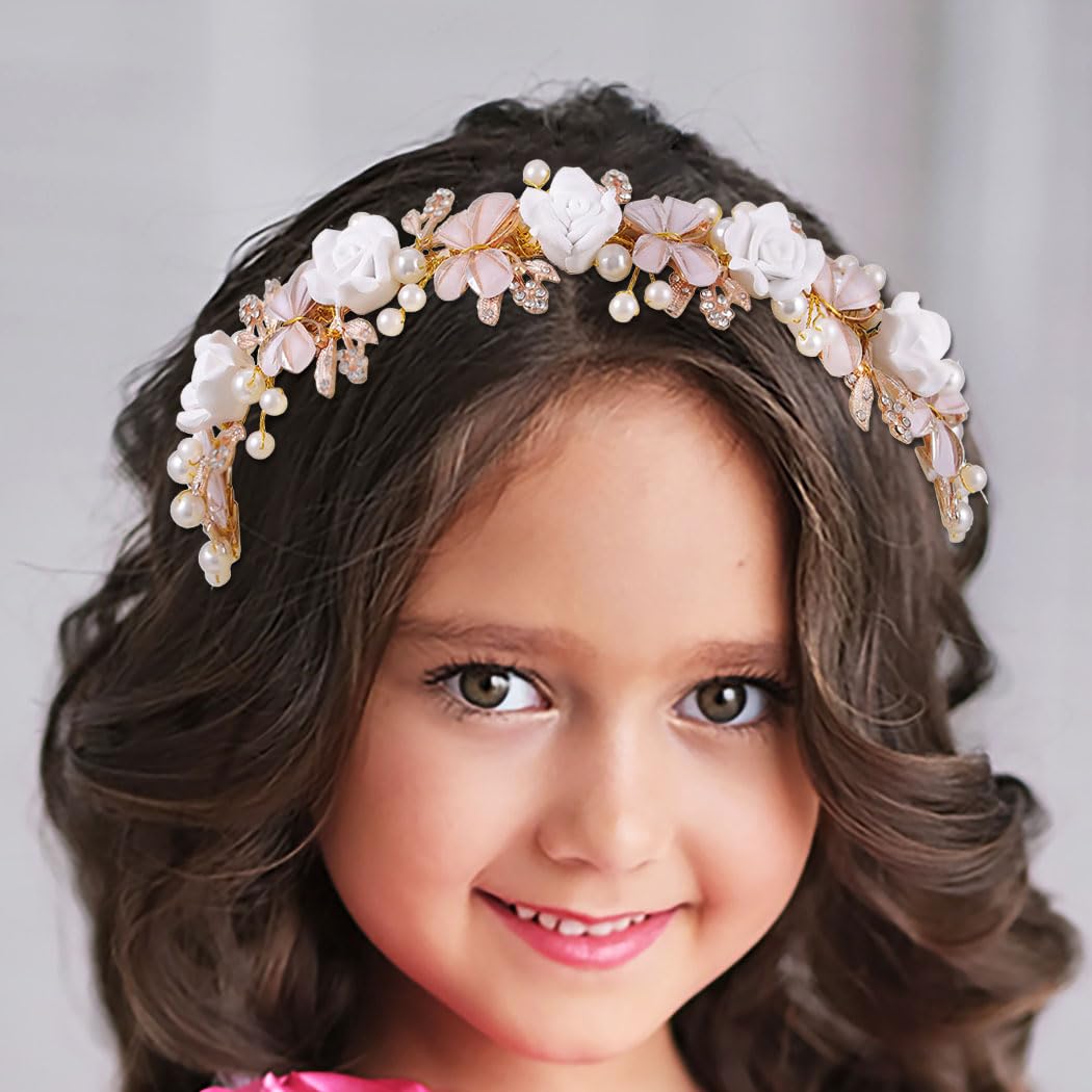 IYOU Flower Girl Hair Accessories Gold Flower Butterfly Princess Headband Pearl Leafs Brithday Bridal Wedding Hair Bands for Girls