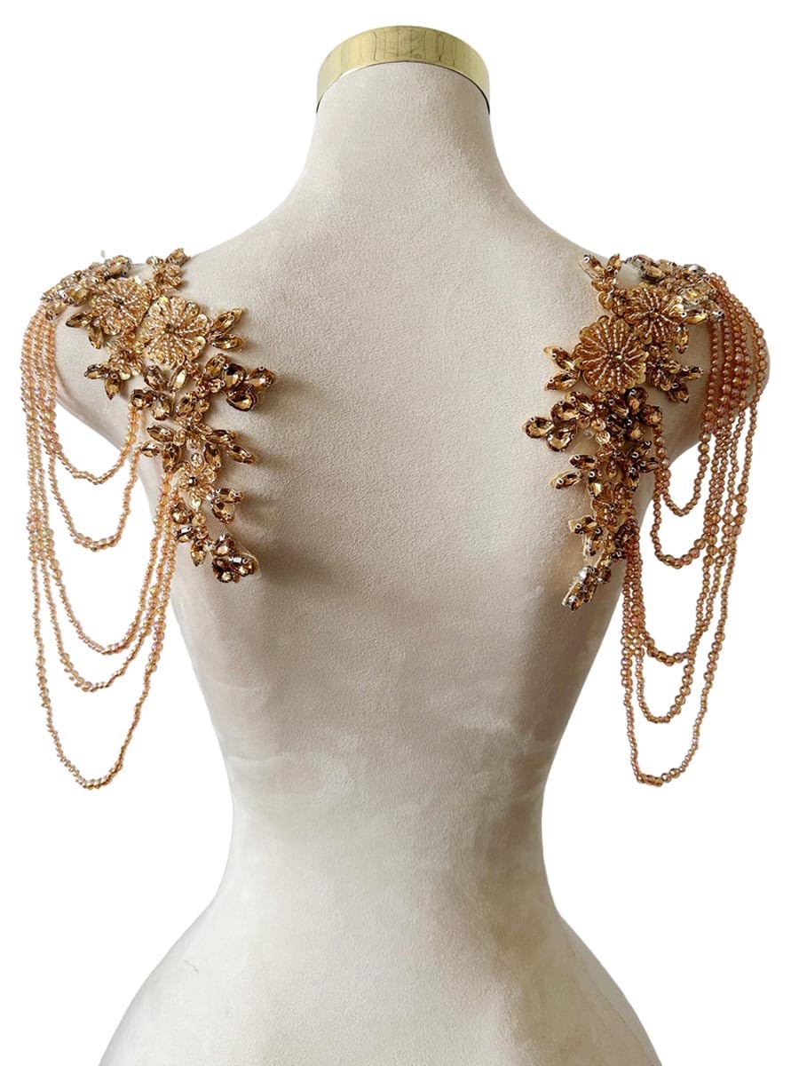 Photo 1 of 1 Pair Beaded Rhinestones Applique Embellishment for Clothes Epaulettes Shoulder Patches Sew-on Diamond Sequin Tassels Applique for Wedding Dress DIY Accessories 9.8X10.2inches (Champagne)