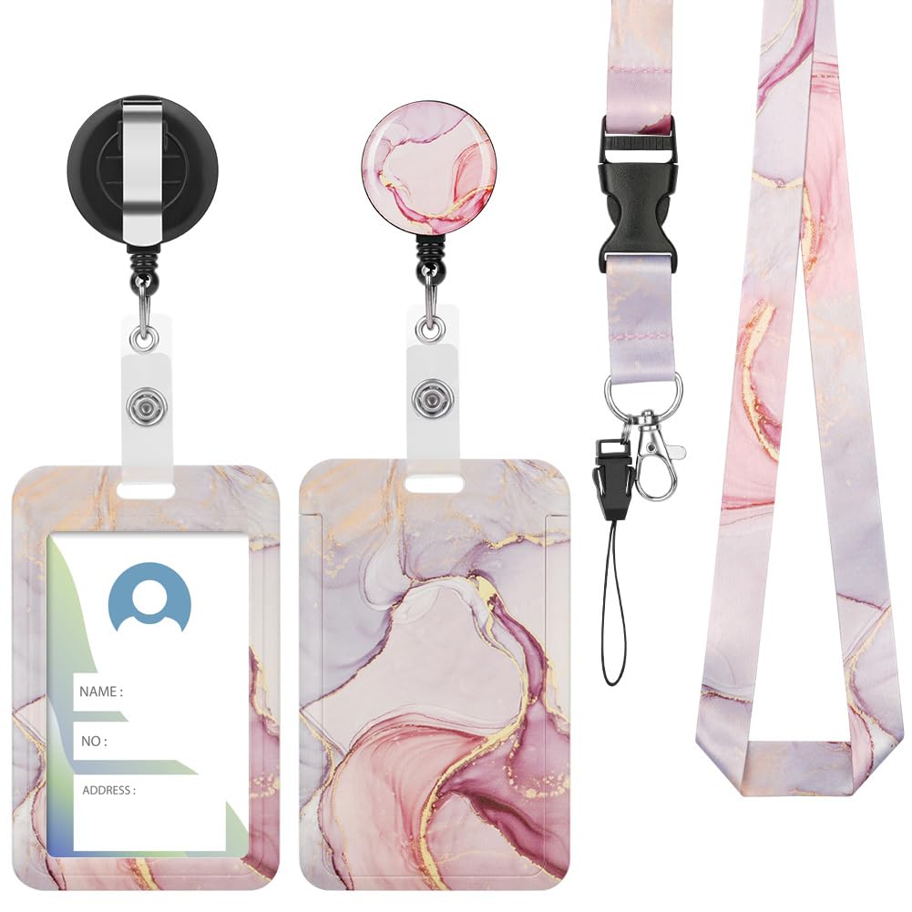 Vicloon 2Pcs ID Badge Holder with Retractable Reel and Detachable Lanyard Strap - Hard Card Protector for Women, Teachers, Students (Pink Marble)