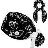 Space Cats Cute Scrub Caps Surgical Women with Button Adjustable Hats Surgical Caps with Scrunchie for Women