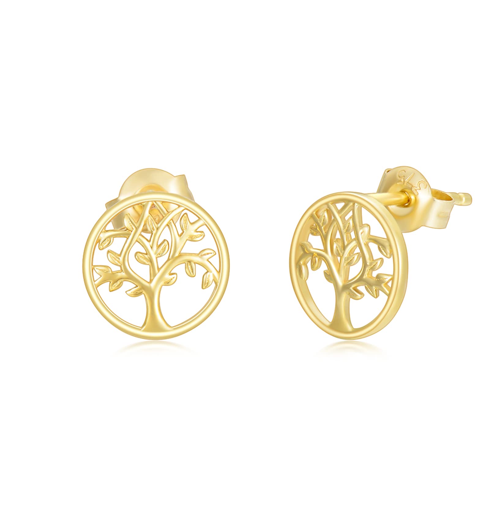 SISGEM 9 ct Gold Tree of Life Stud Earrings, Solid Yellow Gold Dainty Life Tree Earrings, for Family Women Girls Ladies Mum Sisters