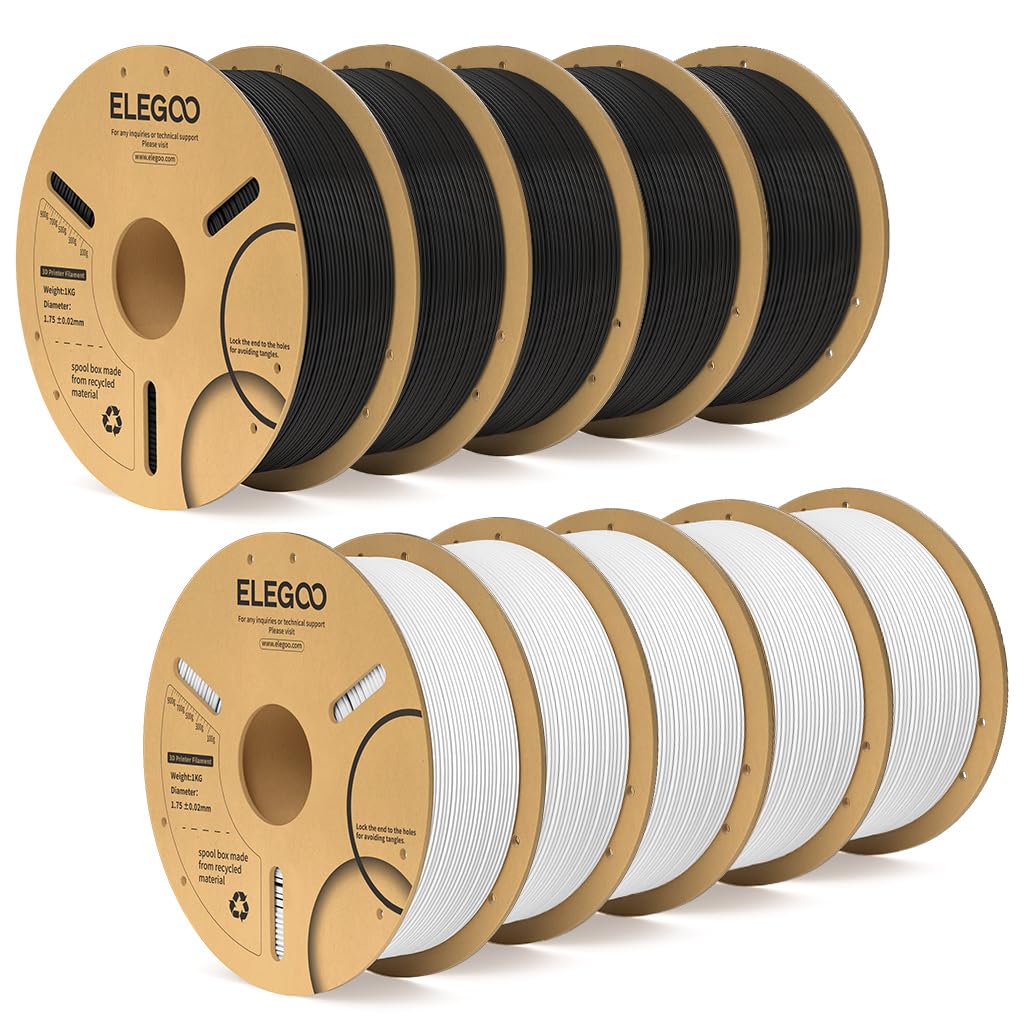 ELEGOO PLA Filament 1.75mm Black & White 10KG, 3D Printer Filament Bulk Dimensional Accuracy +/- 0.02mm, 10 Pack 1kg Cardboard Spool(2.2lbs) 3D Printing Filament Fits for Most FDM 3D Printers Image