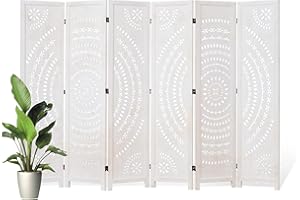 SVIMI 66.9Inch Folding Room Divider, 6 Panels Wood Carved Privacy Screens, Free Assembled Freestanding Partition for Home Office Restaurant Bedroom (White-Washed)