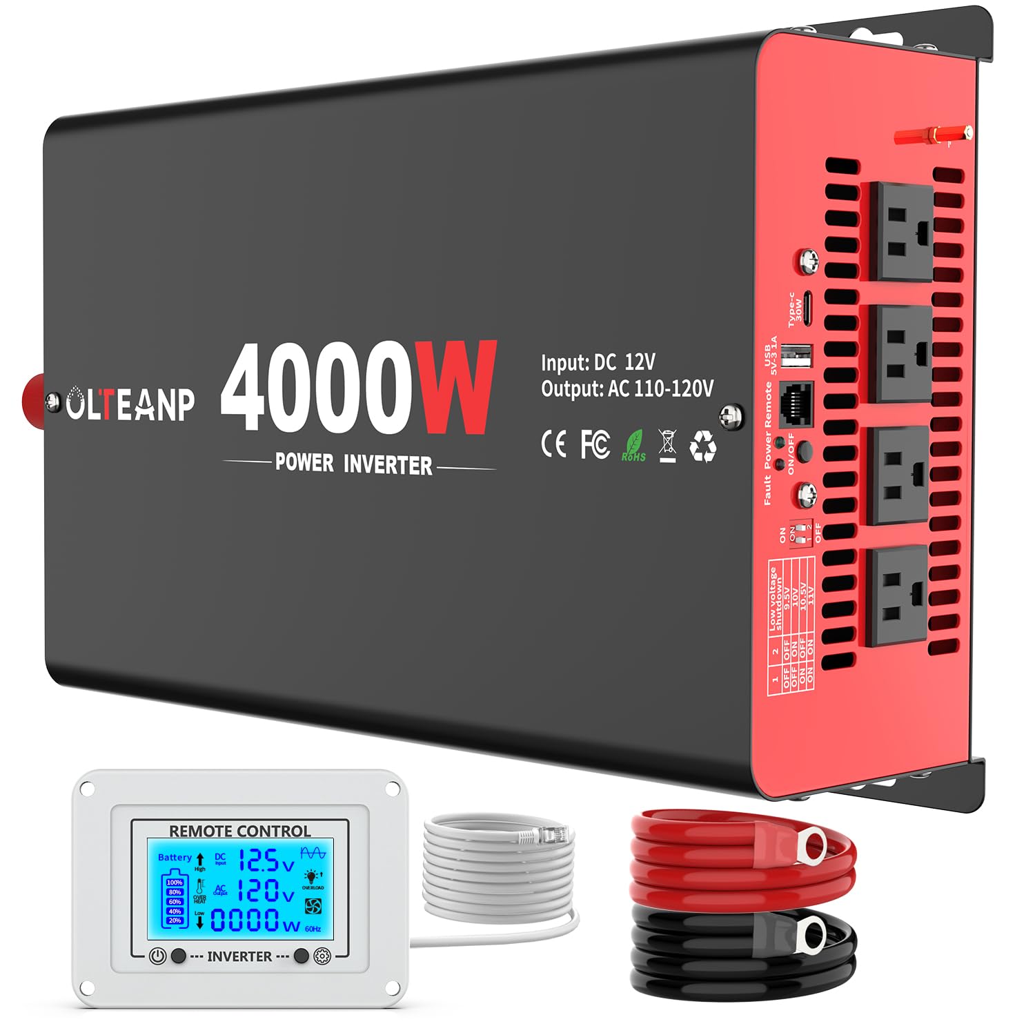Photo 1 of OLTEANP 4000 Watt Power Inverter 12V DC to 110V AC Car Inverter with 4 AC Outlets, 30W Type-C Port, 3.1A USB Port, Remote Controller on LCD Screen, Peak 8000W Car Converter for Truck,Vehicles,Trip