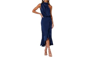 KIRUNDO Women 2025 Summer Fall Satin Mock Neck Wedding Guest Party Cocktail Midi Dress Sleeveless Wrap Ruffle Formal Dresses