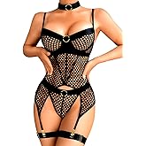 Kaei&Shi Rave Outfits Fishnet, Exotic Strappy Backless, Choker Garter Lingerie