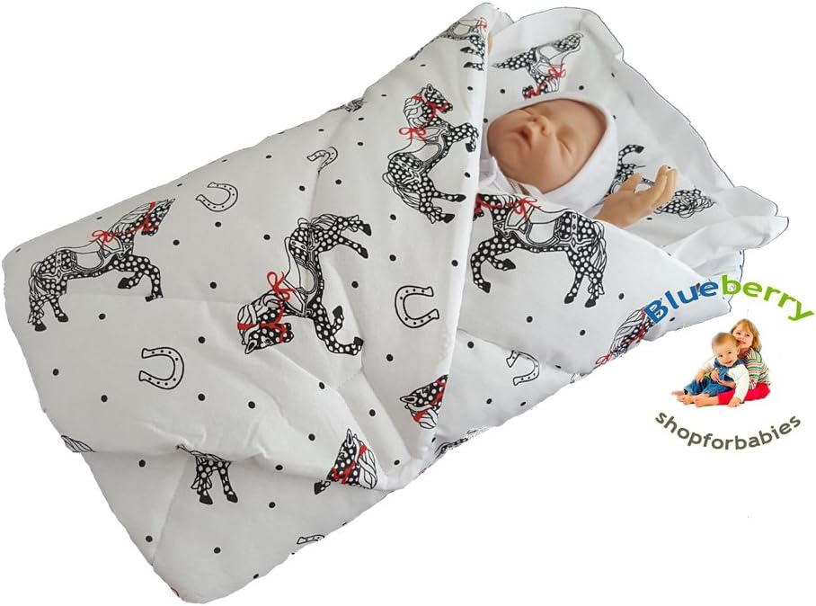 BlueberryShop Cotton Baby Swaddle Wrap Bedding Blanket with Pillow, Sleeping Bag for Newborns, Intended for Kids Aged 0-3 Months, Baby Shower, 78 x 78 cm, White Horse