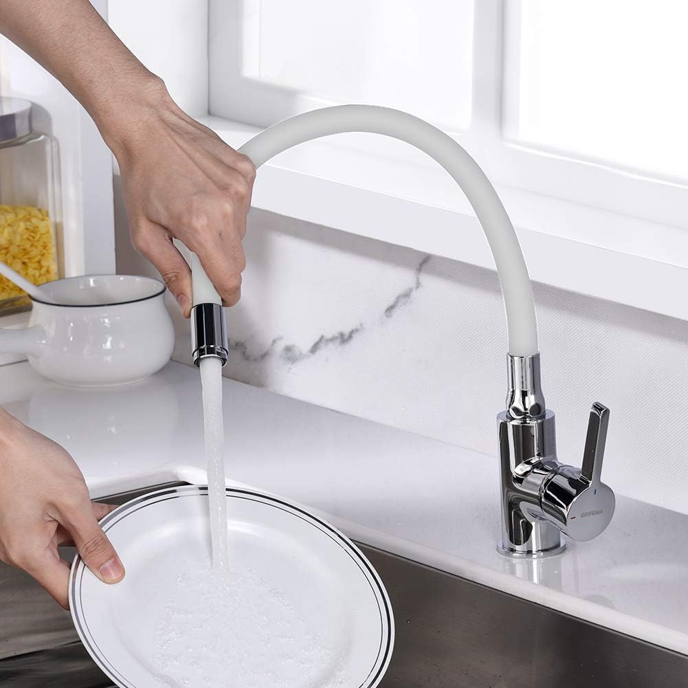 GRIFEMA GRIFERÍA DE COCINA-G4002-3 White Kitchen Sink Mixer Tap with Flexible Universal Swivel Spout Spout, Chrome - Image 4